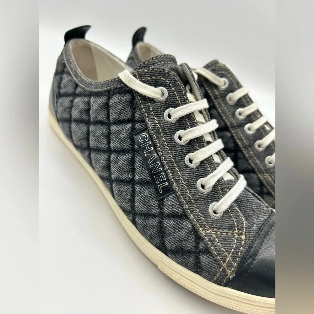 Chanel quilted denim leather lined low top sneakers shoes authentic 38